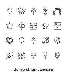 Balloonery Flat Line Icons. Balloons For Birthday Party Decoration, Star, Heart Shape, Confetti, Foil Balloon Vector Illustrations. Thin Signs Romantic Present. Pixel Perfect 64x64. Editable Strokes.