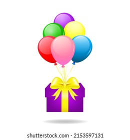 A balloon-flying gift box with a big yellow bow. 3 D. Vector illustration.