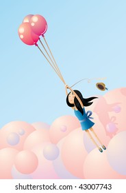 Balloon-flying girl vector illustration