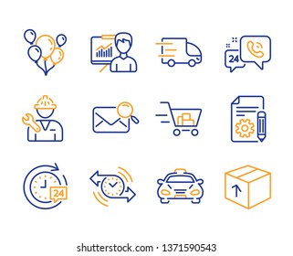 Balloons, 24h service and Timer icons simple set. Documentation, Shopping cart and 24h delivery signs. Search mail, Taxi and Truck delivery symbols. Repairman, Presentation and Package. Vector