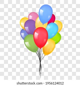 Balloons 3D bunch set, isolated white transparent background. Color glossy flying baloon, ribbon, birthday celebrate, surprise. Helium ballon gift. Realistic design happy bday. Vector illustration