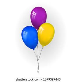 Balloons 3D bunch set, thread, isolated white background. Color glossy flying baloon, ribbon, birthday celebrate, surprise. Helium ballon gift. Realistic shape, symbol love, fun. Vector illustration