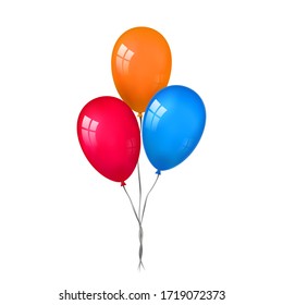 Balloons 3D bunch set, thread, isolated white background. Color glossy flying baloon, ribbon, birthday celebrate, surprise. Helium ballon gift. Realistic shape, design happy bday. Vector illustration