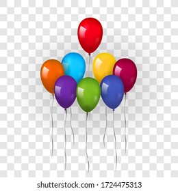 Balloons 3D bunch set, thread, isolated white transparent background. Color glossy flying baloon, ribbon, birthday celebrate, surprise. Helium ballon gift. Realistic love design. Vector illustration