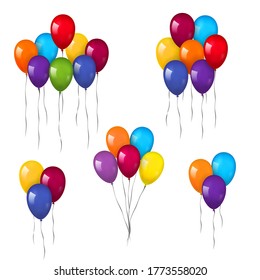 Balloons 3D bunch set, thread, isolated white background. Color glossy flying baloon, ribbon, birthday celebrate, surprise. Helium ballon gift. Realistic shape, symbol love, fun. Vector illustration