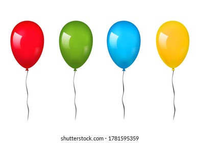 Balloons 3D bunch set, thread, isolated white background. Color glossy flying baloon, ribbon, birthday celebrate, surprise. Helium ballon gift. Realistic shape, symbol love, fun. Vector illustration