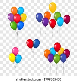 Balloons 3D bunch set, thread, isolated white transparent background. Color flying glossy baloon, ribbon, happy birthday celebrate, surprise. Helium ballon gift. Realistic design Vector illustration