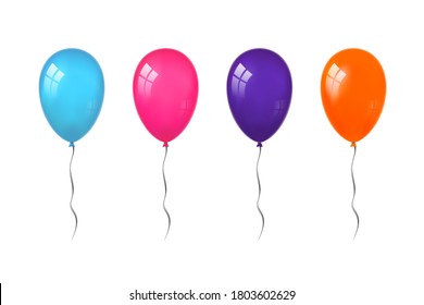 Balloons 3D bunch set, thread, isolated white background. Color glossy flying baloon, ribbon, birthday celebrate, surprise. Helium ballon gift. Realistic shape, design happy bday. Vector illustration