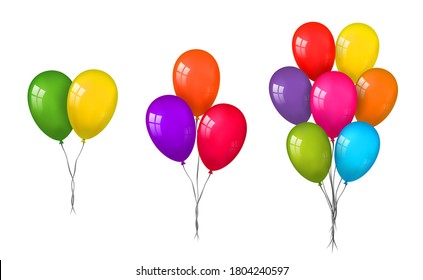 Balloons 3D bunch set, thread, isolated white background. Color glossy flying baloon, ribbon, birthday celebrate, surprise. Helium ballon gift. Realistic shape, symbol love, fun. Vector illustration