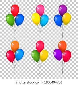 Juego de racimos 3D de globos, hilo, fondo transparente blanco aislado. Balón brillante de color volando, cinta, feliz cumpleaños celebra, sorpresa. Regalo de baile de helio. Diseño realista Ilustración vectorial