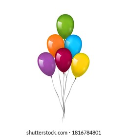 Balloons 3D bunch set, thread, isolated white background. Color glossy flying baloon, ribbon, birthday celebrate, surprise. Helium ballon gift. Realistic shape, design happy bday. Vector illustration