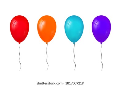 Balloons 3D bunch set, thread, isolated white background. Color glossy flying baloon, ribbon, birthday celebrate, surprise. Helium ballon gift. Realistic shape, symbol love, fun. Vector illustration