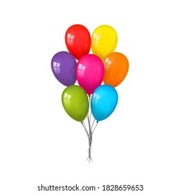 Balloons 3D bunch set, thread, isolated white background. Color glossy flying baloon, ribbon, birthday celebrate, surprise. Helium ballon gift. Realistic shape, design happy bday. Vector illustration