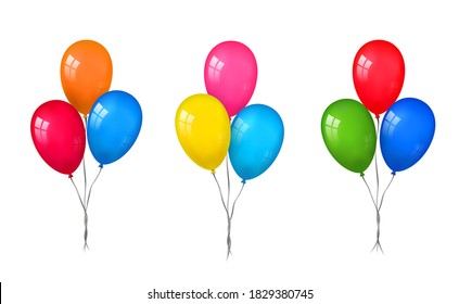 Balloons 3D bunch set, thread, isolated white background. Color glossy flying baloon, ribbon, birthday celebrate, surprise. Helium ballon gift. Realistic shape, design happy bday. Vector illustration