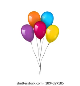 Balloons 3D bunch set, thread, isolated white background. Color glossy flying baloon, ribbon, birthday celebrate, surprise. Helium ballon gift. Realistic shape, design happy bday. Vector illustration