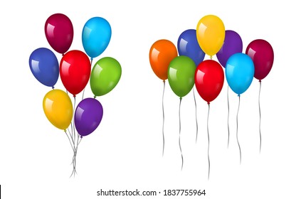 Balloons 3D bunch set, thread, isolated white background. Color glossy flying baloon, ribbon, birthday celebrate, surprise. Helium ballon gift. Realistic shape, design happy bday. Vector illustration