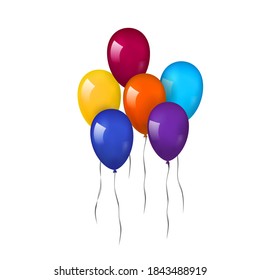 Balloons 3D bunch set, thread, isolated white background. Color glossy flying baloon, ribbon, birthday celebrate, surprise. Helium ballon gift. Realistic shape, design happy bday. Vector illustration