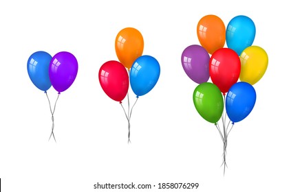 Balloons 3D bunch set, thread, isolated white background. Color glossy flying baloon, ribbon, birthday celebrate, surprise. Helium ballon gift. Realistic shape, symbol love, fun. Vector illustration