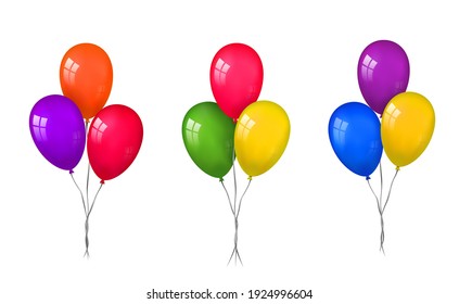 Balloons 3D bunch set, thread, isolated white background. Color glossy flying baloon, ribbon, birthday celebrate, surprise. Helium ballon gift. Realistic shape, design happy bday. Vector illustration