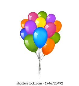 Balloons 3D bunch set, thread, isolated white background. Color glossy flying baloon, ribbon, birthday celebrate, surprise. Helium ballon gift. Realistic shape, design happy bday. Vector illustration