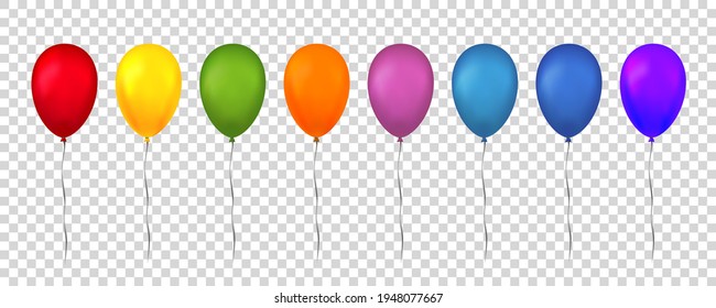 Balloons 3D bunch set, thread, isolated white transparent background. Rainbow glossy flying baloon, ribbon, birthday celebrate surprise. Helium ballon. Realistic design happy bday. Vector illustration