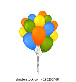 Balloons 3D bunch set, thread, isolated white background. Color glossy flying baloon, ribbon, birthday celebrate, surprise. Helium ballon gift. Realistic shape, design happy bday. Vector illustration