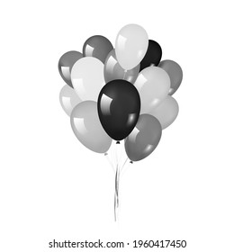 Balloons 3D bunch set, thread, isolated white background. Black, white, gray glossy flying baloon, birthday celebrate, surprise. Helium ballon gift. Realistic shape, symbol fun. Vector illustration