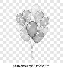 Balloons 3D bunch set, thread, isolated white transparent background. Glossy flying baloon, ribbon, birthday celebrate, surprise. Helium ballon gift. Realistic shape, symbol love. Vector illustration