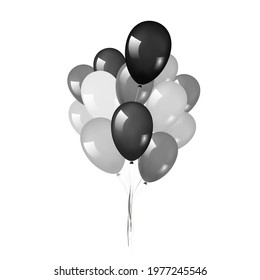 Balloons 3D bunch set, thread, isolated white background. Black, white, gray glossy flying baloon, birthday celebrate, surprise. Helium ballon gift. Realistic shape, symbol fun. Vector illustration