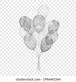 Balloons 3D bunch set, thread, isolated white transparent background. Glossy flying baloon, ribbon, birthday celebrate, surprise. Helium ballon gift. Realistic shape, symbol love. Vector illustration