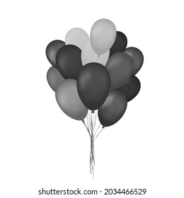 Balloons 3D bunch set, thread, isolated white background. Black, white, gray flying baloon, ribbon, birthday celebrate surprise. Helium ballon gift. Realistic shape, symbol fun. Vector illustration