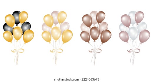 Balloons 3D bunch set, thread, isolated white background. Color glossy flying baloon, ribbon, birthday celebrate, surprise. Helium ballon gift. Realistic shape, design happy bday. Vector illustration