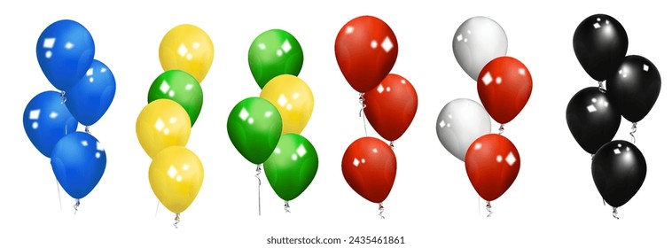 Balloons 3D bunch set, thread, isolated white background. Color glossy flying baloon, ribbon,