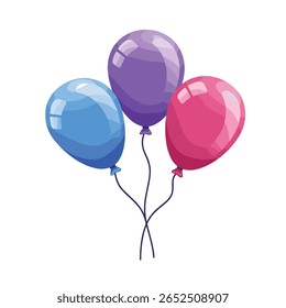 Balloons 3D bunch set, thread, isolated white background. Color glossy flying baloon, ribbon, birthday celebrate, surprise. Helium ballon gift. Realistic shape, symbol love, fun. illustration