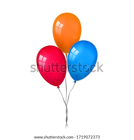 Balloons 3D bunch set, thread, isolated white background. Color glossy flying baloon, ribbon, birthday celebrate, surprise. Helium ballon gift. Realistic shape, design happy bday. Vector illustration