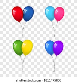 Balloons 3D couple set, thread, isolated white transparent background. Color flying glossy baloon, ribbon, happy birthday celebrate, surprise. Helium ballon gift. Realistic design Vector illustration