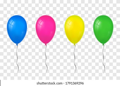 Balloons 3D set, thread, isolated white transparent background. Color glossy flying baloon, ribbon, birthday celebrate, surprise. Helium ballon gift. Realistic design happy bday. Vector illustration