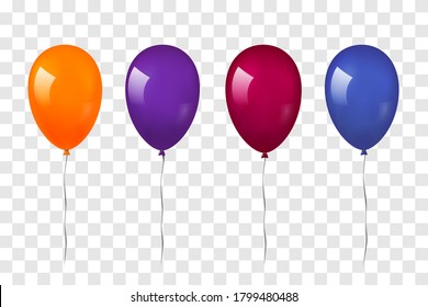 Balloons 3D set, thread, isolated white transparent background. Color glossy flying baloon, ribbon, birthday celebrate, surprise. Helium ballon gift. Realistic design happy bday. Vector illustration