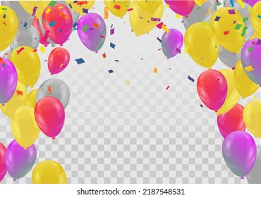 Globos Resumen de fondo de fondo variado del partido Confetti fondo. Plantilla de streaming de diversión. Brillo de cinta 