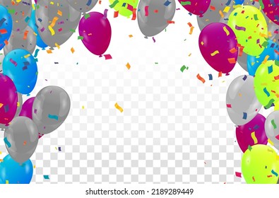 Globos Resumen de fondo de fondo variado del partido Confetti fondo. Plantilla de streaming de diversión. Cartel brillante de cinta de opciones. Ilustración del aniversario multicolor.