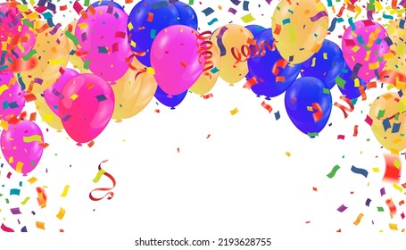 Globos Resumen de fondo de fondo variado del partido Confetti fondo. Plantilla de streaming de diversión. Cartel brillante de cinta de opciones. Ilustración del aniversario multicolor.