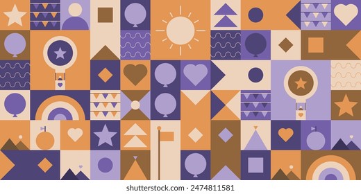 Balloons, abstract shapes, and geometric seamless patterns. Sun, balloons, hearts, diamonds, and other shapes. Colorful vector illustration.
