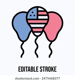 Balloons With American Flag, Memorial Day Vector Icon. Isolated Lineal Color Editable Stroke Vector Icon.