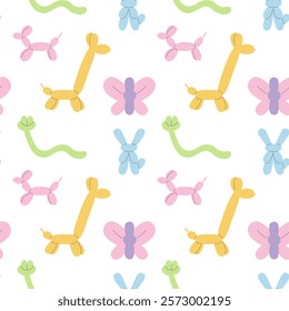 Balloons animals shape vector seamless pattern. Dog, giraffe, rabbit, snake and butterfly