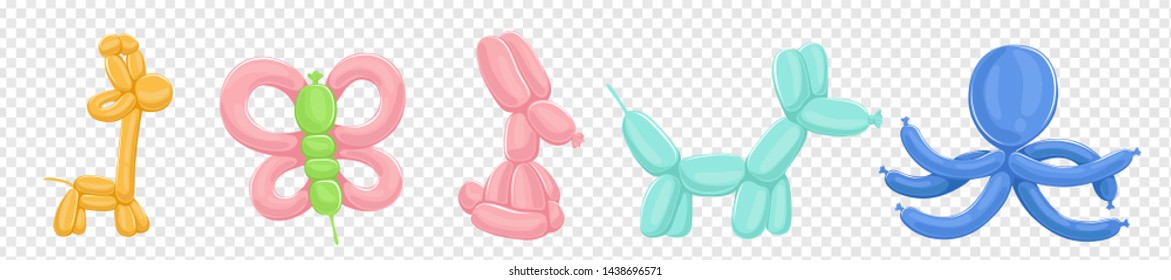 Balloons animals vector isolated on transparent background. Illustration of birthday balloon, animal butterfly and giraffe, multicolored inflatable dog and octopus