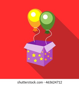 Balloons appearing from magic box icon in flat style on a red background