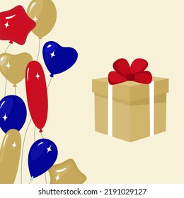 Balloons background, air balloons, gift box. Greeting card or banner festive concept. Vector illustration