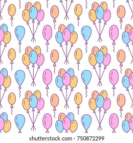 Balloons background. Birthday party seamless pattern, flat line illustration. Vector icons of birthday party, kids entertainment. Cute repeated backdrop.