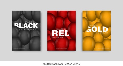 Balloons background black, red and gold posters. Balloon party invitation flyer template.