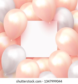 Balloons Background. Celebrate party banner with helium baloons. Festive template with birthday and anniversary with space for text. Decorative realistic objects for poster. Vector 3d element